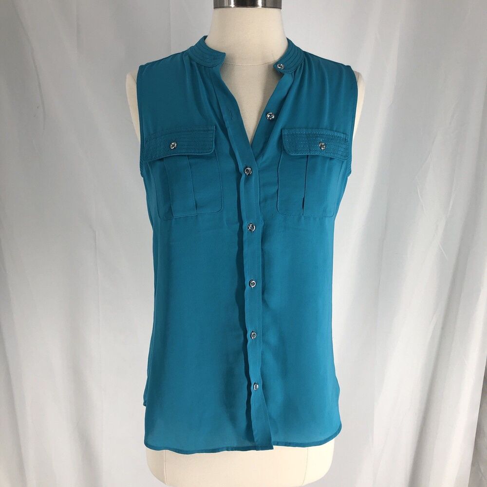 Banana Republic Blouse 2 Teal Blue Sleeveless V Neck Button Down Shirt